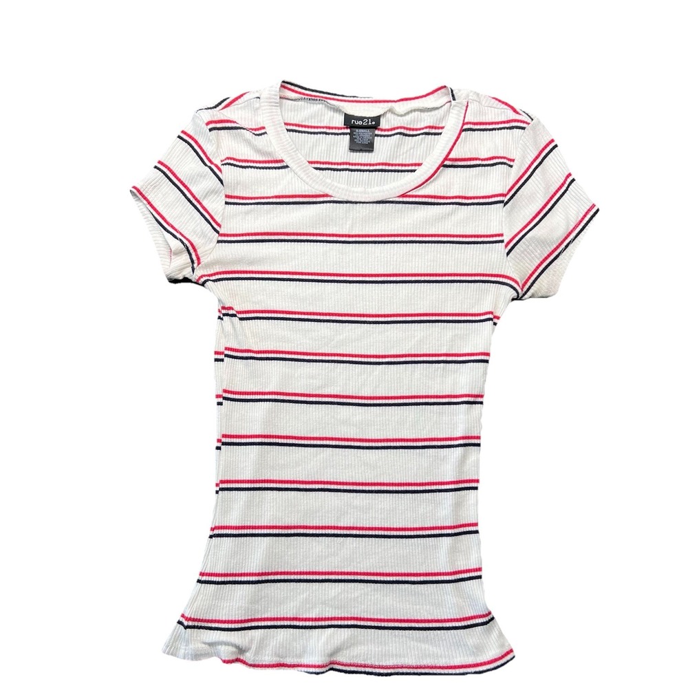 VTG Rue 21  XS Festival Y2K Fitted Baby  Doll Tee Tshirt Ribbed Retro 90s Stripe